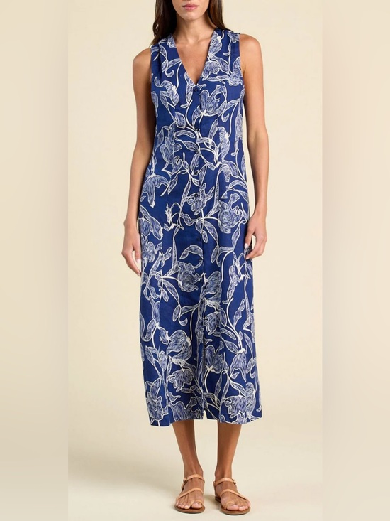 Trovata Dresses & Skirts - Trovata Navy and White Botanical Linen V-Neck Dress Medium